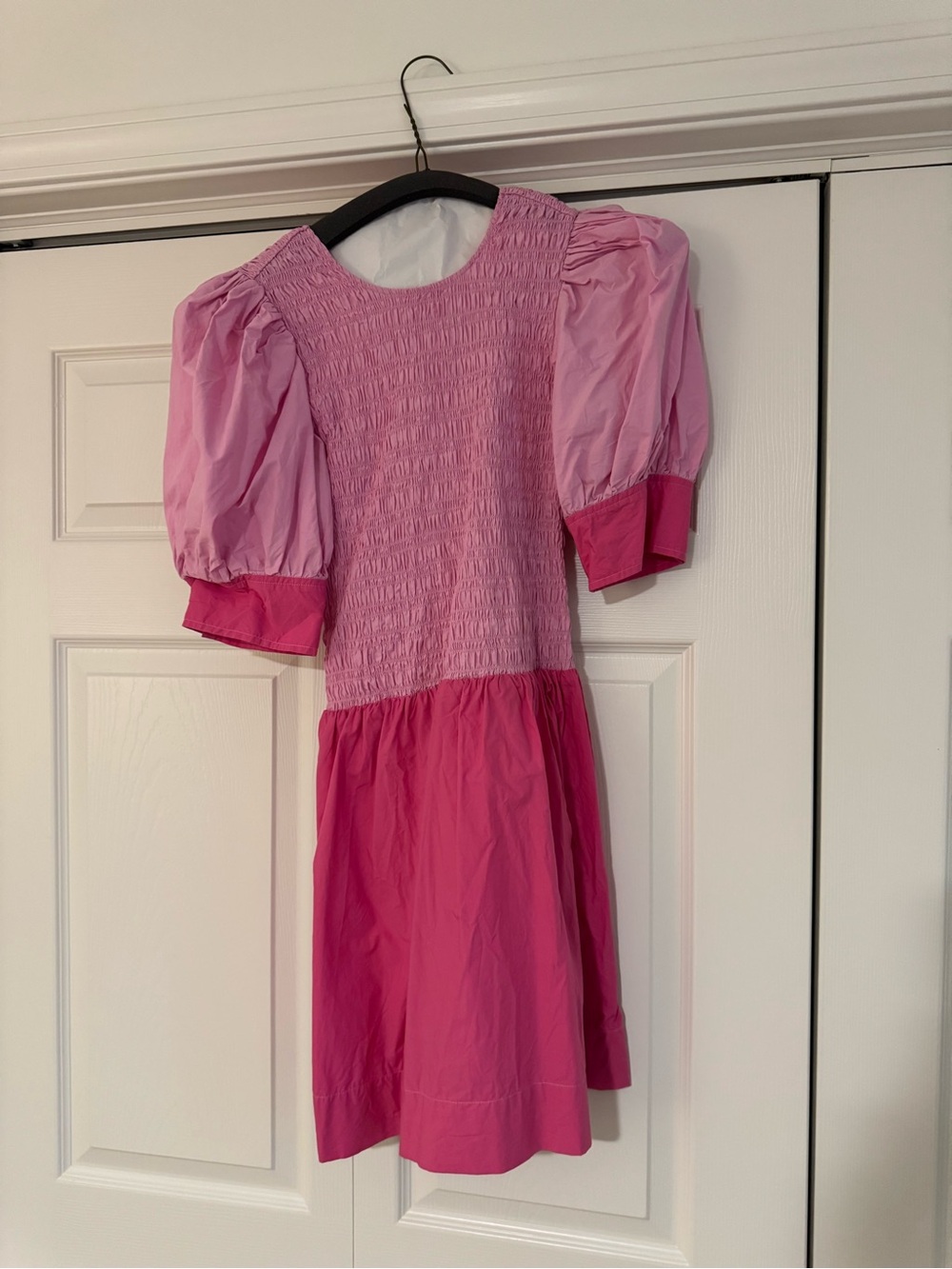 Ganni Two-Tone Pink Smocked Puff-Sleeve Mini Dress